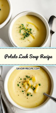 two bowls of potato leek soup with spoons