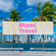 the skyline of miami with palm trees in front of it and a pink sign that says miami travel