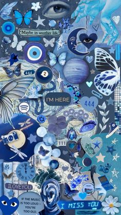 a collage of blue and white images with the words i'm here on it