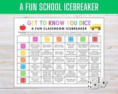 a fun school icebreakerr game with dices and an apple on the side