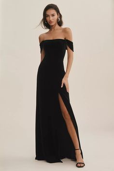 Jenny Yoo Issa Off-The-Shoulder Stretch Velvet Column Gown | Anthropologie Black Formal Dress Long Classy Shoes, Pryce Off The Shoulder Dress, Black Formal Dress Long Classy Velvet, Long Black Dress Formal Heels, Classy Prom Dresses Lulus, Black Prom Silk Dress, Black Gala Dress Long Classy Silk, Black Tuxedo Wedding Groomsmen Bridesmaid Dresses, Black Tie Wedding Guest Dress