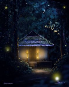 a cabin in the woods at night with lights shining on it's roof and windows