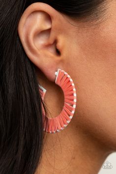 Coral wicker-like cording is wrapped around a white hoop, creating a refreshing pop of color. Earring attaches to a standard post fitting. Hoop measures approximately 1 3/4" in diameter.

 Sold as one pair of hoop earrings. Paparazzi Jewelry Images, Live Text, Orange Earrings, Romantic Lace, Paparazzi Accessories, Chic Jewelry, Paparazzi Jewelry, Pop Of Color, Boutique Jewelry