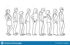 a line drawing of people standing and looking at something in the distance, with one person holding