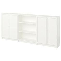 a white bookcase with three doors and two shelves on each side, in front of a