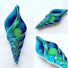 three pictures of different shapes and sizes of paper quilled objects, one with spirals on it