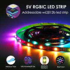 the 5v rgbc led strip is shown with different colors and designs on it