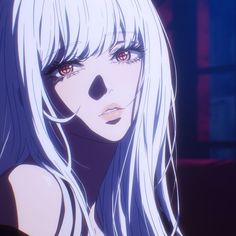 an anime character with long white hair and red eyes looks at the camera while staring