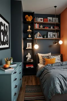 a bedroom with orange walls and blue bedding