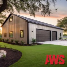 a garage with the words aws above it in front of an image of a house