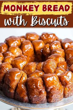 a monkey bread bundt cake with caramel glaze on top and the words monkey bread with biscuits above it