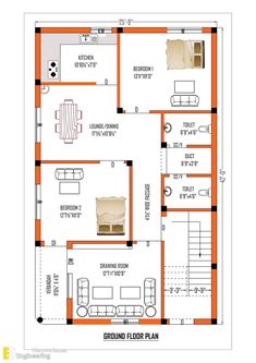 a floor plan for a house with three rooms and one living room in the middle