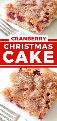 cranberry christmas cake on a white plate with fork and text overlay that reads, cranberry christmas cake