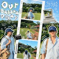 a collage of photos with the same person wearing a baseball cap and holding a bag