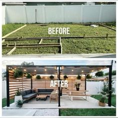 before and after photos of an outdoor living area with plants growing on the roof, in front of a fence