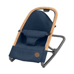 the baby seat is made from wood and has a black fabric cover with a wooden handle