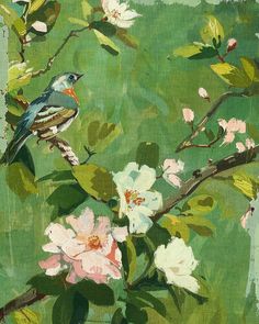 a painting of a bird sitting on a branch with flowers in the foreground and green background