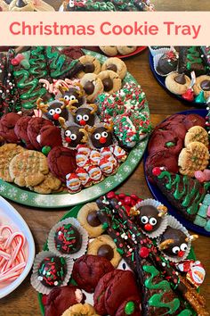 christmas cookie trays with cookies, pretzels, and other treats on them