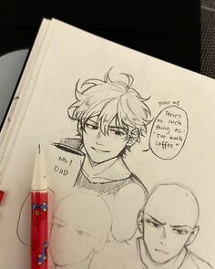 a drawing of an anime character next to a pen and paper with writing on it