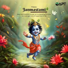 a happy janmastami greeting card with an image of the god and flowers