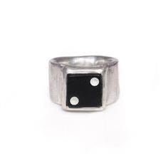 The Lucky Dice Ring was originally carved in the 1980's and has remained a favorite of high rollers ever since. These sterling silver rings are set with vintage casino dice, available in your choice of Black, White or Red. We’re betting on 2’s today, but you can choose any number you like!Roll your lucky digits every time - Just select the number you would like featured on your ring from from the drop-down menu and we'll make it happen! Dice Rings, Dice Ring, Silversmithing Jewelry, High Roller, Dope Jewelry, Lucky Number, Jewelry Inspo, Fit Inspo, Black Rings