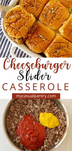 cheeseburger mixture in skillet and baking dish of sliders. Slider Casserole, Ground Beef Sliders, Leftover Casserole, Cheeseburger Sliders, Beef Sliders, Feed A Crowd, Ground Beef Recipes Easy, The Leftovers