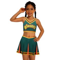 This Children Bring It On Clovers Cheerleader Uniform is composed of tops and skirt. The design is screen accurate and cute. It is a good gift for your kids. Welcome to buy it for Halloween, parties. You will enjoy fast shipping and good service at Hallowcos. Clover Cheerleader Costume, Cheerleader Costume Kids, Girls Cheerleader Costume, Cheerleading Makeup, Baby Costumes Girl, Role Play Costume, Cheerleader Costume, Kids Uniforms, Cheerleading Uniforms