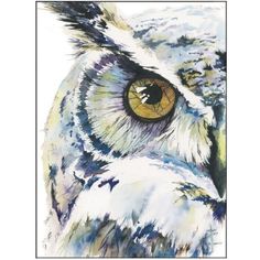 an owl's eye is shown in this watercolor painting