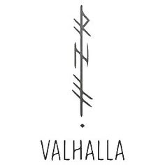 the word valhalla written in black ink on a white background with an arrow