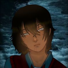 an anime character with dark hair and eyes staring at the camera while standing in front of water