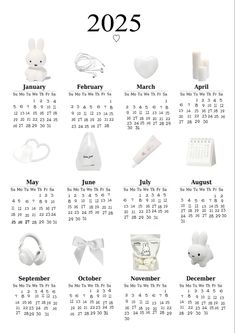 a calendar with various items on it for the year 2012 and 2013, including an earphone