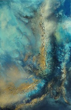 an abstract painting with blue and gold colors