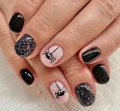 Halloween Short Dipped Nails, Non Traditional Halloween Nails, Halloween Mani Pedi, Black Gel Manicure Short, Black And Colorful Nails, Small Halloween Nails, Kids Halloween Nail Designs, October November Nails, Halloween Gel Nail Designs