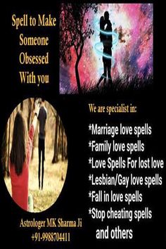 an advertisement for love spells with two people in the background