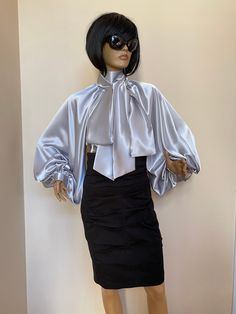 "This is a very stylish Womens Satin blouse. It is comfortable and cozy. Made for a free flowing fit. Great for all year around and for any special occasion or casual day can be dressed up or dressed down. SIZE CHART SIZE S - US 6, UK 8, EU 36 bust: bust around 34.5\"/90cm Waist: waist around 27.5\"/70cm Hips: hips around 34.5\"/90cm SIZE M - US 8, UK 10, EU 38 bust: bust around 37.5\"/95cm Waist: waist around 29.5\"/75cm Hips: hips around 37.5\"/95cm SIZE L - US 10, UK 12, EU 40 bust: bust arou Elegant Formal Blouse With Gathered Sleeves, Elegant Evening Blouse With Blouson Sleeves, Party Blouse With Lantern Sleeves For Fall, Lantern Sleeve Blouse For Fall Party, Elegant Party Top With Bow, Elegant Party Tops With Blouson Sleeves, Chic Formal Blouse With Gathered Sleeves, Fall Party Blouse With Bishop Sleeves, Elegant Blouse With Puff Gathered Sleeves