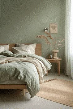 a bed sitting in a bedroom next to a window with white curtains and pillows on top of it