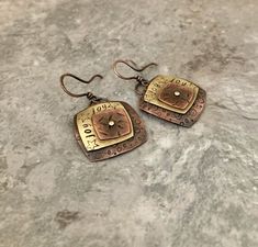 Rustic copper brass boho earrings, textured mixed metal riveted stamped square design by MetalingSusie on Etsy Rivets Jewelry, Sheet Metal Jewelry, Riveted Jewelry, Rivet Jewelry, Writer Aesthetic, Cold Connections, Copper Earrings Handmade, Hammered Copper Earrings, Copper Work