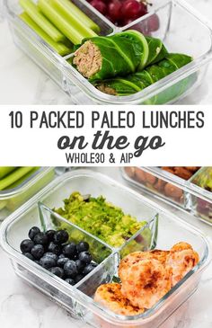 two plastic containers filled with food and the words 10 packed paleo lunches on the go