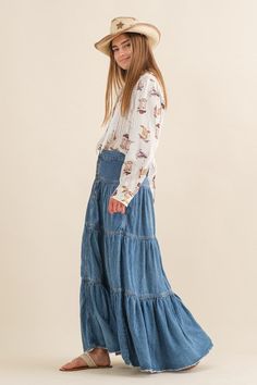 Frayed denim maxi skirt/shambray/cotton Tiered Denim Skirt, Skirt Fabric, Denim Maxi, Frayed Denim, Denim Maxi Skirt, Skirts With Pockets, Fashion Boutique, Chambray, Denim Skirt