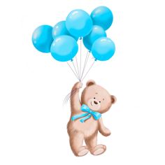 a drawing of a teddy bear holding blue balloons