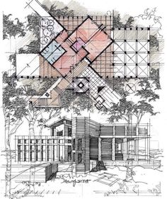 a drawing of a house that is surrounded by trees and other architectural details, including the floor plan