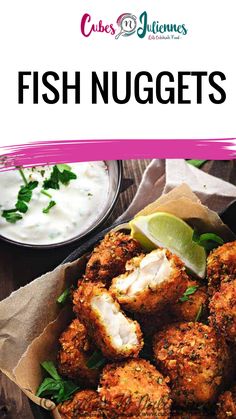 fish nuggets with sour cream sauce on the side and text overlay that reads,