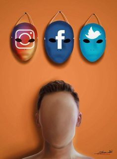 a man with three masks on his face and one has an image of the facebook logo