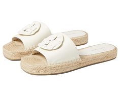 Tory Burch Woven Double T Espadrille Slide - Women's Shoes : New Ivory/New Ivory : A perfect combination of style and comfort, the Tory Burch Woven Double T Espadrille Slide are a must-have! Goat leather upper. Sheep leather lining. Slip-on style. Espadrille-inspired sandals. Round medallion woven with interlocking logos. Jute braid detailing on the outsole. Open toe silhouette. Rubber outsole with added traction. Imported. France Outfits Summer, Boho Shoes, Espadrilles Slides, Slides For Women, Tory Burch Sandals, Slides Women, Sheep Leather, Goat Leather, Slides Shoes