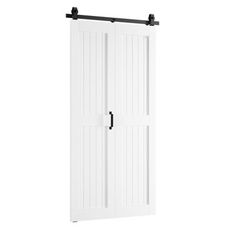 an open white barn door with black hardware on the top and bottom panel, against a white background