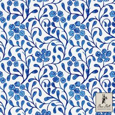 blue flowers and leaves on white background with text that reads, the art of decorative wallpaper