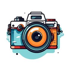 an orange and white camera with a lens on it's side, in front of a