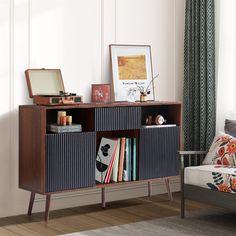 a living room with a book shelf and couch