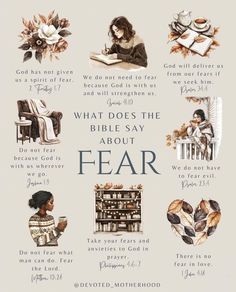 a poster with the words what does the bible say about fear? and pictures of people