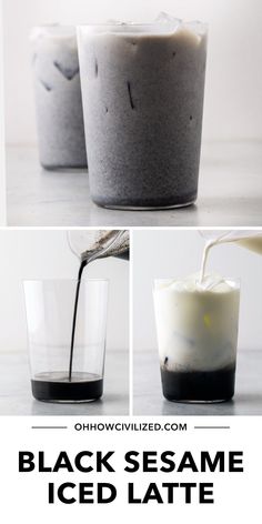 black sesame ice latte is being poured into two cups and then topped with whipped cream